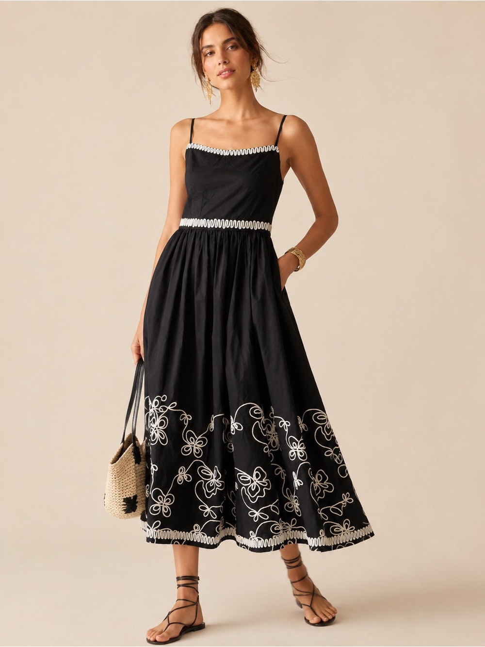 Black Embroidered Spaghetti-Strap Midi Dress NWT
